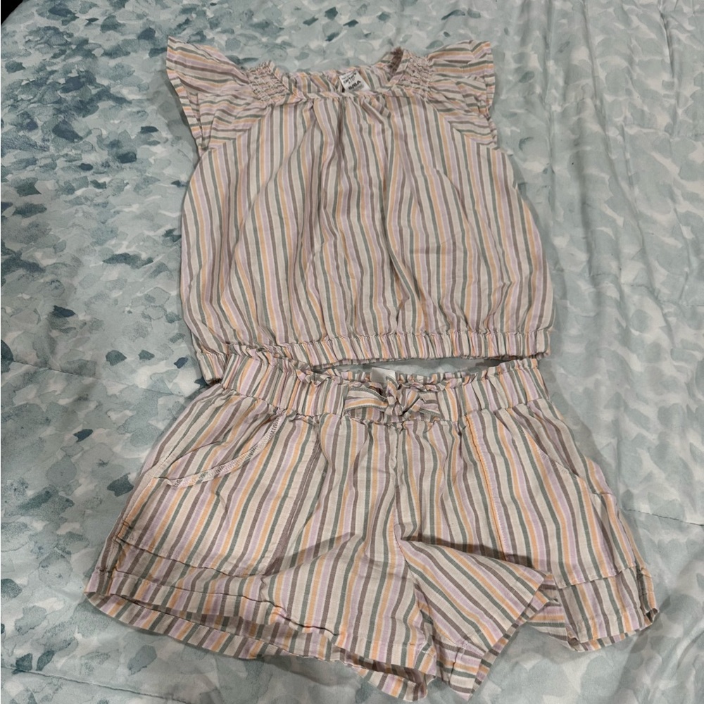 Carters 2 piece linen outfit ruffle sleeve stripes tie waist detail shorts